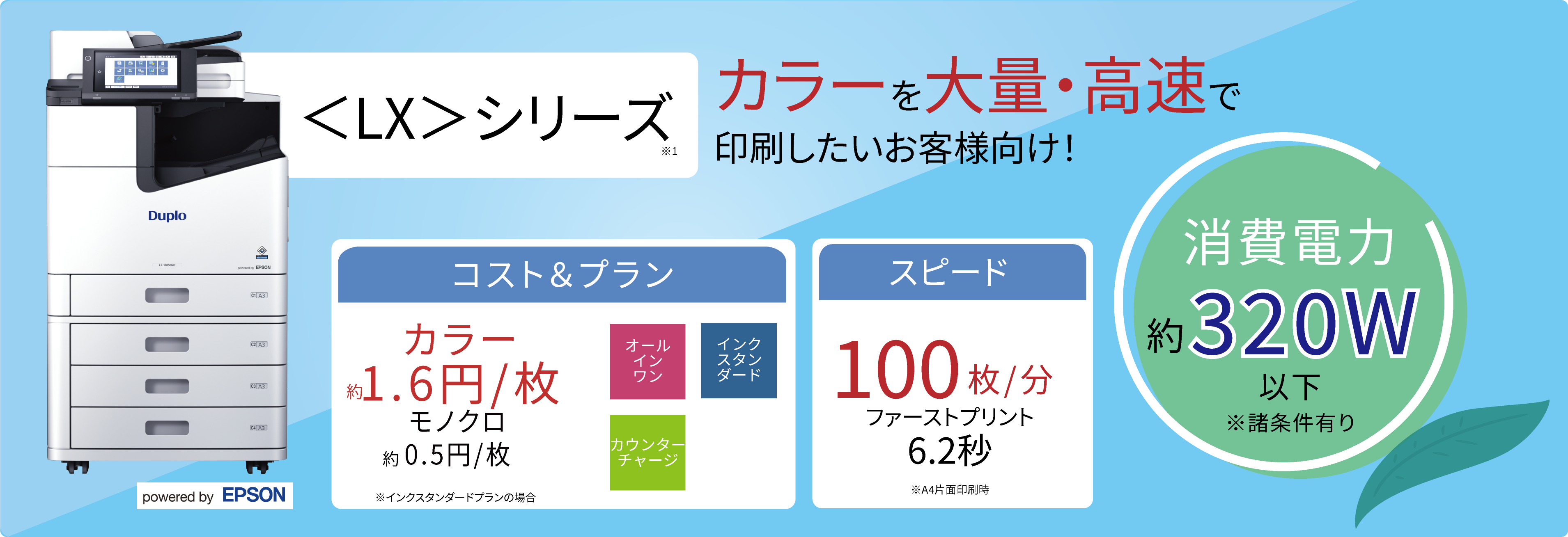 <LX>シリーズ カラーを大量・高速で印刷したいお客様向け! 消費電力約320W以下 ※諸条件有り コスト&プラン カラー 約1.6円/枚 モノクロ 約0.5円/枚 ※インクスタンダードプランの場合 オールインワン インクスタンダード カウンターチャージ スピード 100枚/分 ファーストプリント 6.2秒 ※A4片面印刷時 耐久性 1200万ページ ※お客様のご使用状況により製品寿命は異なります