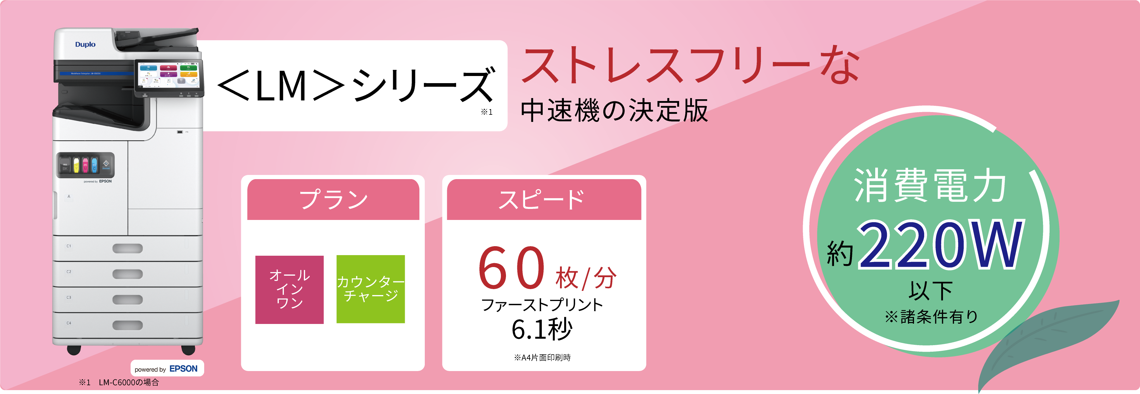 <LM>シリーズ ストレスフリーな中速機の決定版 困ったらこれ! 消費電力約220W以下 ※諸条件有り プラン オールインワン カウンターチャージ スピード 60枚/分 ファーストプリント 6.1秒 ※A4片面印刷時 耐久性 360万ページ ※お客様のご使用状況により製品寿命は異なります 特長 カセットから封筒・ハガキが給紙可能