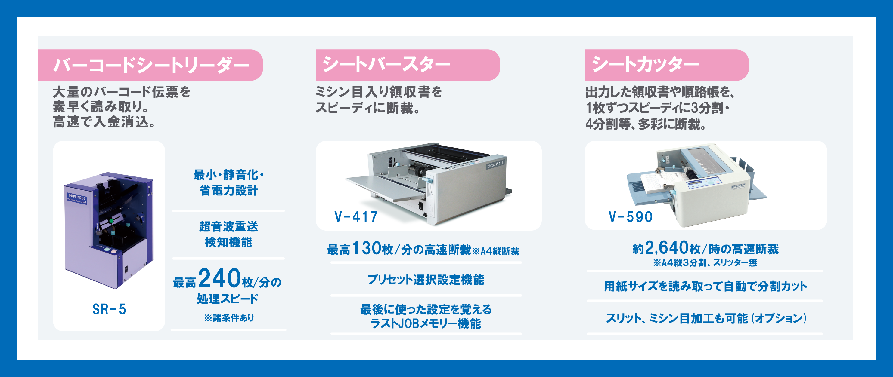 大量のバーコード伝票を素早く読み取り。高速で入金消込。 バーコードシートリーダー レーザープリンターなどで出力したミシン目入り領収書をスピーディに裁断。 シートバスター 様々な用紙に幅広く対応。出力した領収書や順路帳を1枚ずつスピーディーに3分割・4分割等、多彩に裁断 シートカッター