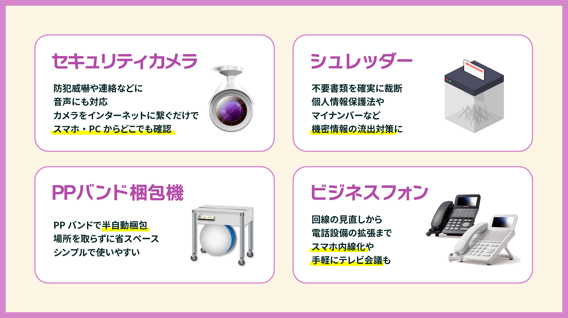 セキュリティカメラ 防犯威嚇や連絡などに音声にも対応カメラをインターネットに繋ぐだけでスマホ・PCからどこでも確認 シュレッダー 不要書類を確実に裁断個人情報保護法やマイナンバーなど機密情報の流失対策に PPバンド梱包機 PPバンドで半自動梱包場所をとらず省スペースシンプルで使いやすい ビジネスフォン 回線の見直しから電気設備の拡張までスマホ内戦化や手軽にテレビ会議も