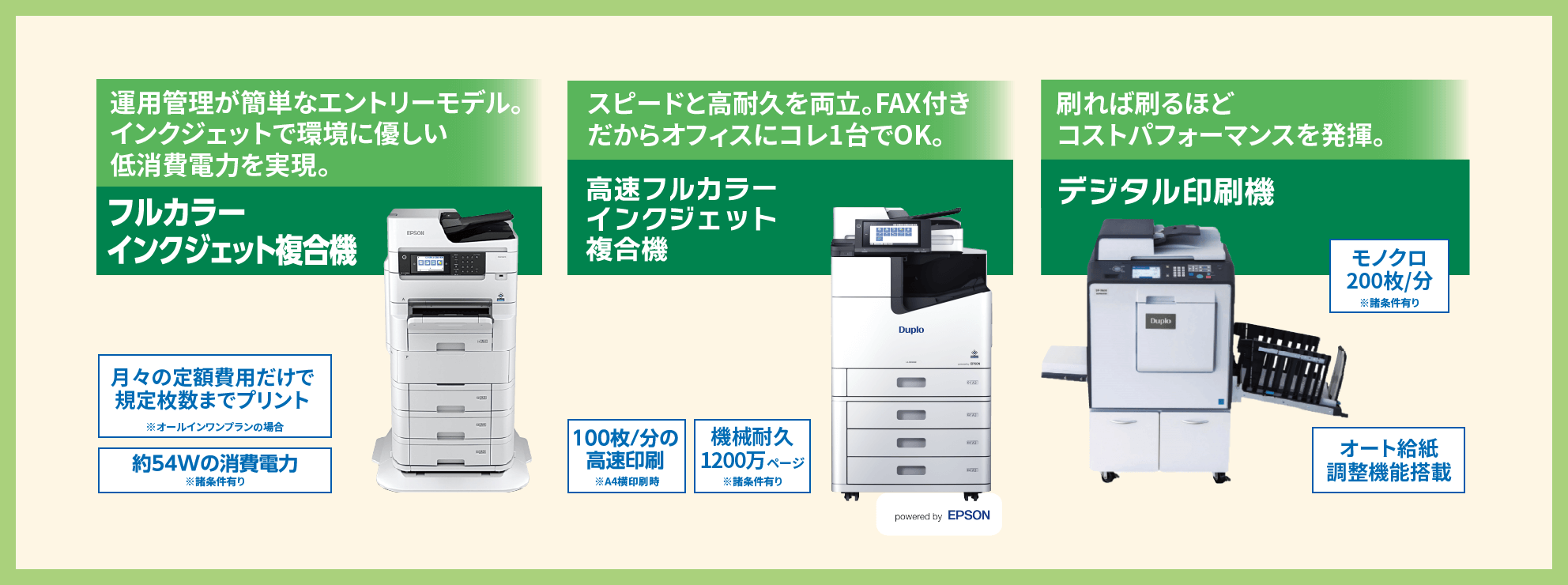 運用管理が簡単なエントリーモデル。インクジェットで環境に優しい低消費電力を実現。 フルカラーインクジェット複合機 スピードと耐久を両立。FAX付きだからオフィスにコレ一台でOK。 高速フルカラーインクジェット複合機 刷れば刷るほどコストパフォーマンスを発揮。 デジタル印刷機